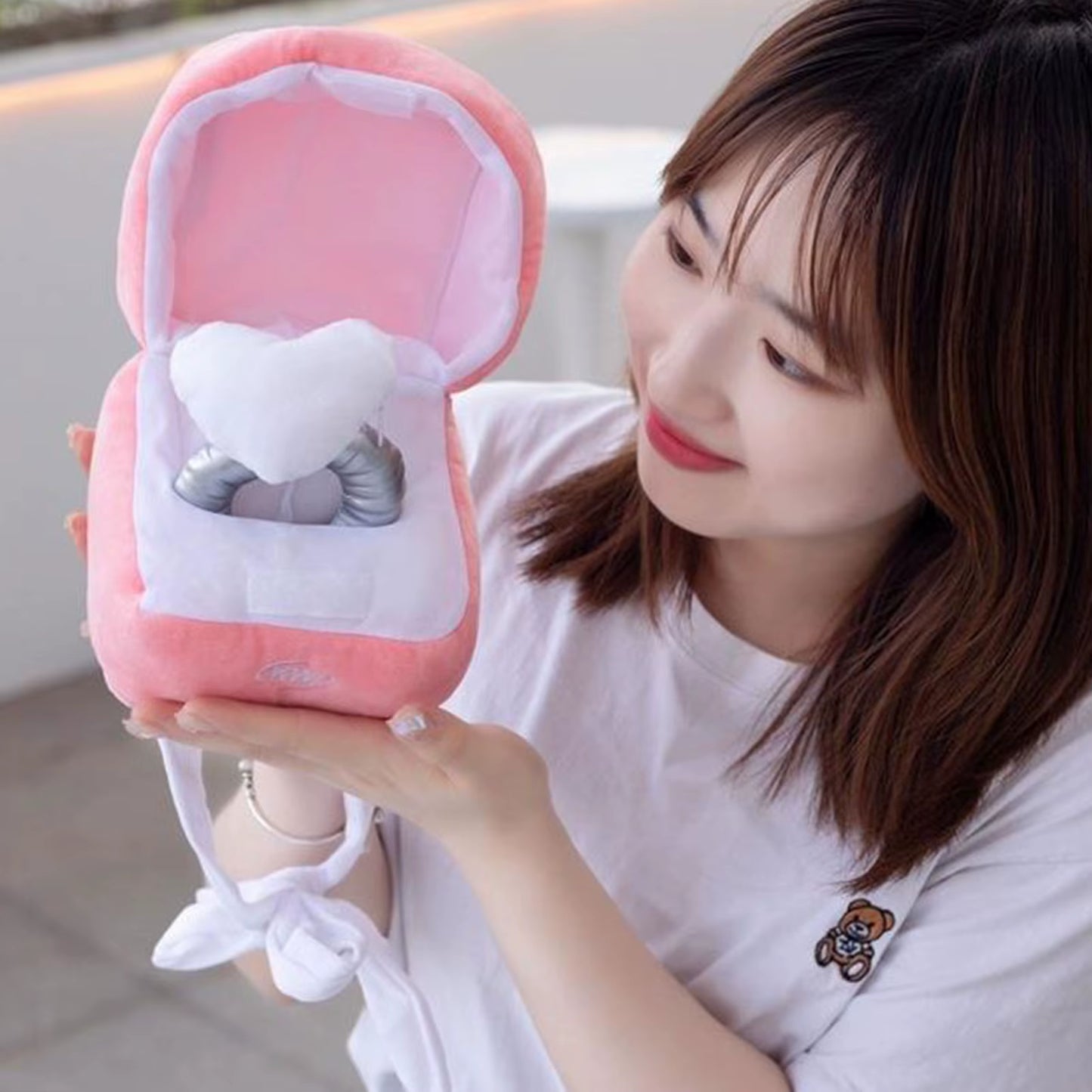 Cute Ring Box Plush Toy Heart Shape Diamond Ring Case Couple Mysterious Surprise Box Memory Wedding Valentine'S Day Gift Present